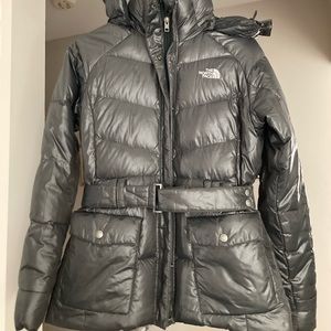 Grey hip length North Face down jacket size small
